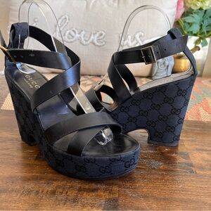 GUCCI GG Monogram Canvas & Black Leather Platform Strappy Wedges US8 B